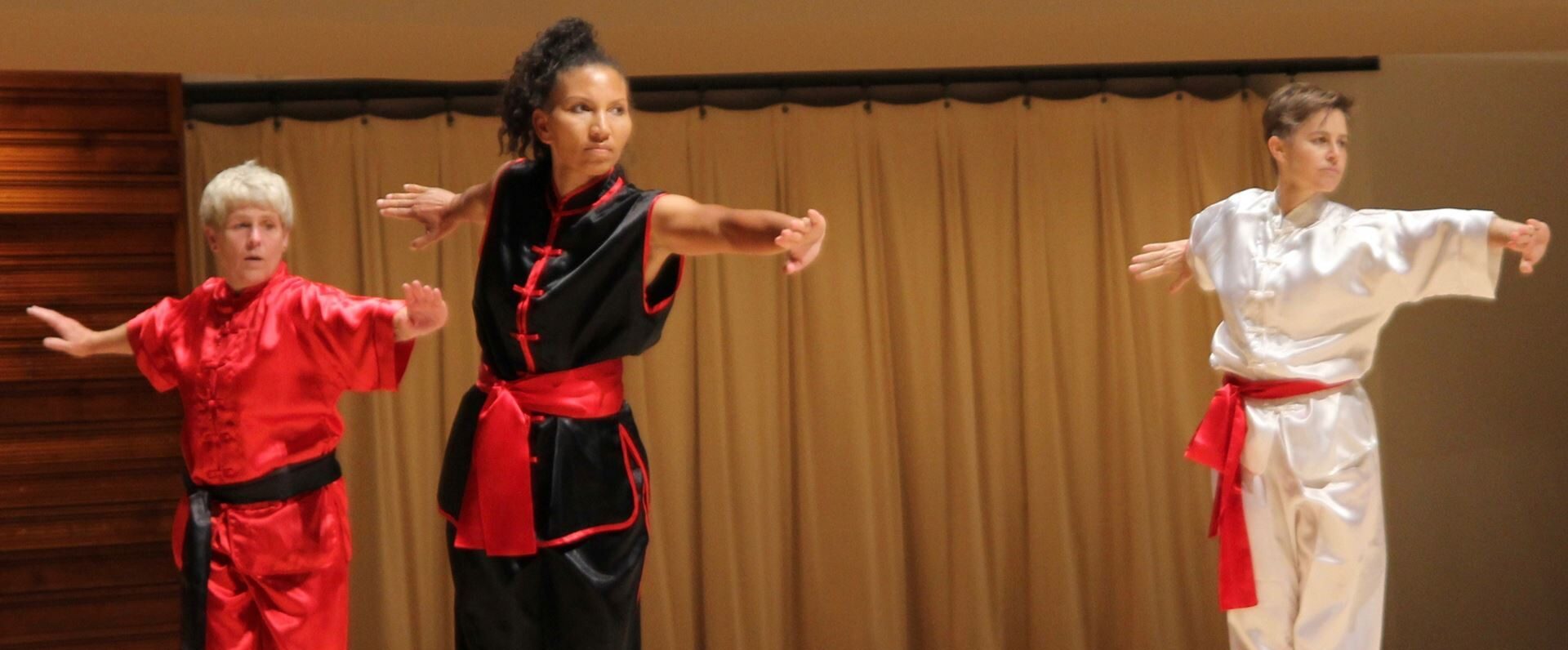 women martial artists lined up in a fighting stance